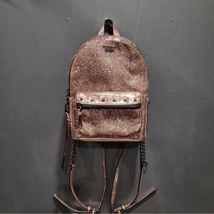 Victoria Secret Metallic Sparkly Chain Mini City Backpack SEXY Rose Gold Bag